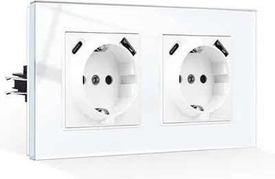 Image de Double connecteur interne avec ports USB-A et USB-C, prise Schuko avec cadre en verre