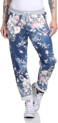 Produktbild von 287 Mississhop Damen Hose Cargohose Blumen Sweatpants Jogginghose Baumwolle Freizeithose Boyfriend Dunkelblau Rosa Model 34