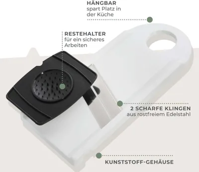 Produktbild von Fackelmann Gemüsehobel mit Restehalter, Gemüseschneider mit 2 Edelstahl-Klingen, hochwertiger Gurkenhobel (Farbe: Weiß/Schwarz)