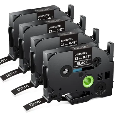 Produktbild von 4 x Ersatz-Etikettenband, laminiert, für Brother P-Touch – Weiß auf Schwarz – 12 mm