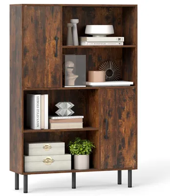 Zdjęcie produktu dla Komoda COSTWAY, szafka kuchenna z 4 półkami i 2 szafkami z drzwiami, komoda na 5 metalowych nóżkach, szafka do przechowywania, 84 x 24 x 119,5 cm, brązowa