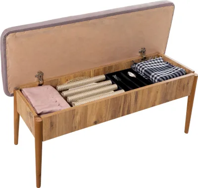 An open storage bench with items inside.