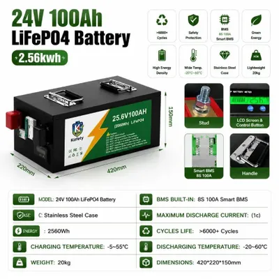 Immagine prodotto di Batteria LiFePO4 da 24 V, 100 Ah, 2560 Wh - Batteria al litio a ciclo profondo - BMS da 100 A - Oltre 6000 cicli - Per camper, roulotte e impianti solari - Scarica a bassa temperatura