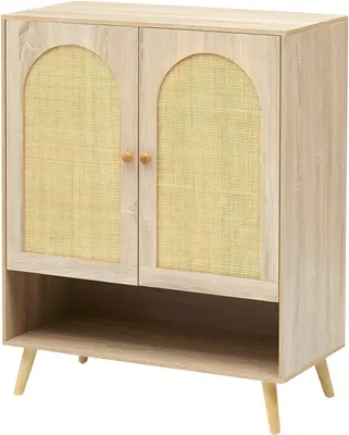 Produktbild von Schuhschrank mit Rattan-Tür – 4 Ebenen freistehend – verstellbare Einlegeböden – Schuhorganizer für Flur – Eiche