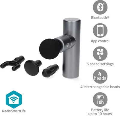 Image de Nedis SmartLife Pistolet de massage sportif - Fonctionne sur batterie - Rechargeable - 5 modes de massage - Sac avec cordon de serrage / Tête plate / Tête conique / Tête sphérique / Tête en U - Gris foncé