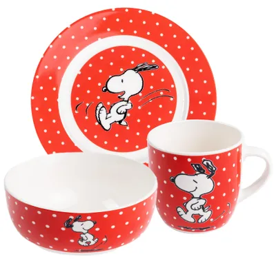Produktbild von The Peanuts Frühstücksset Snoopy - Geschirr Set 3-teilig Teller, Schale & Tasse Rot mit Punkten aus Porzellan
