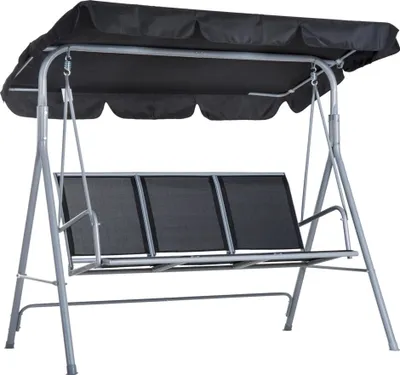 Obrázek produktu pro Hollywoodská houpačka – 3místná s baldachýnem – nastavitelné opěradlo – prodyšný textil – kovový rám – nosnost až 240 kg – 171 × 108 × 154 cm – černá