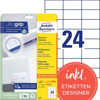 Produktbild von Avery Zweckform 6173 Universal-Etiketten, A4 mit ultragrip,  Adressaufkleber 70 x 37 mm, weiß