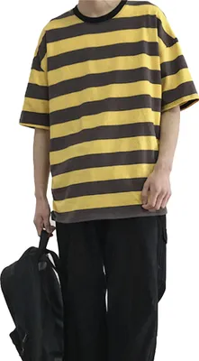 Produktbild von Herren Stylish O-Ausschnitt Kurzarm Horizontal Streifen Bottoming Top Baumwolle T-Shirt-Gelb (Asiatische Größe:L)