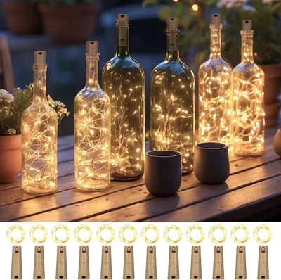 Productafbeelding van Dubbele batterijstand - Set van 12 - LED-fleslicht - 2 m - 20 leds - Dubbele verlichtingstijd - Flessenlichtketting kurk