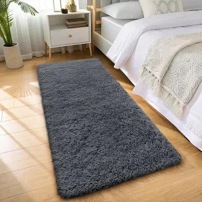 Image de Tapis de couloir à poils longs, lavable, gris foncé, 80x150 cm