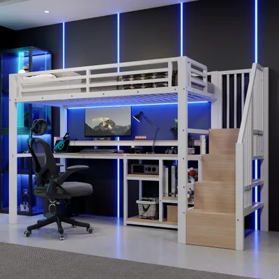 Produktbild von Hochbett mit Leiter, Schrank, Ablage, USB + Typ-C, LED, ohne Matratze, 90x200 cm, Weiß