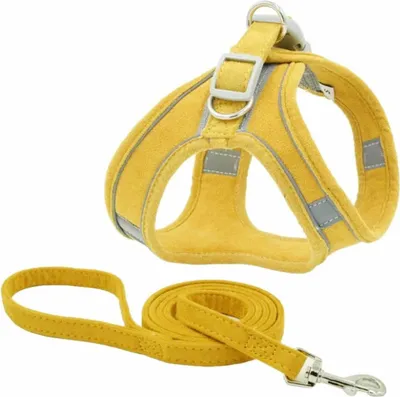 Produktbild von Monkimau Hundegeschirr mit Leine für kleine Hunde - Komfortables Weiches Geschirr, Ideal für Kleine bis Mittelgroße Hunde und Katzen, Gelb S