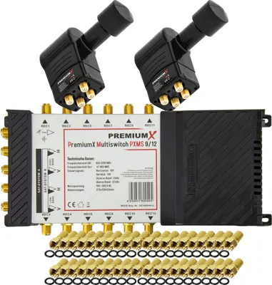 Produktbild von PremiumX Multischalter Set 9/12 SAT 2x Rocket Quattro LNB 40x F-Stecker