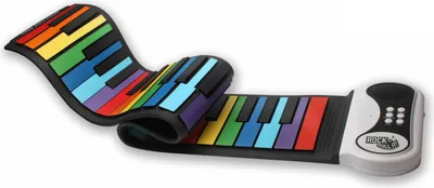 A flexible, rainbow-colored piano keyboard is laid out on a white background. The keyboard is partially unrolled, showing its colorful keys and a white control panel at one end.