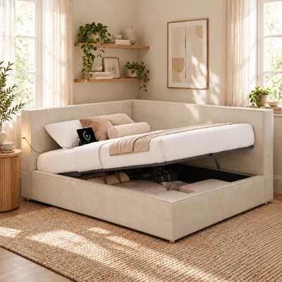 Immagine prodotto di Letto contenitore 140x190 cm, letto imbottito con cassettone idraulico, luci LED, porte USB/Tipo-C, rete a molle, testiera imbottita, rivestimento in chenille, color beige