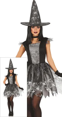 Immagine prodotto di Strega Halloween Costume Grigio Magico Mistico Travestimento Idea Costume Creativo Cappello Magico Vestaglia Carnevale Ragnatela Impressionante, Taglia: 42 - 44 (L) Colore: Nero