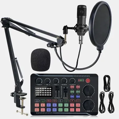 Image de AIORBER Ensemble professionnel de microphone pour podcast avec table de mixage, micro à condensateur, interface audio, bras de micro, Noir