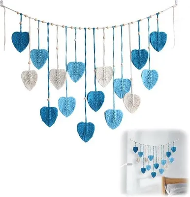 Imagen del producto de Unyqoos® – Tapiz de pared de macramé, estilo bohemio, grande (120x75 cm), azul, colgador de pared tejido con hilos de algodón y barra de madera maciza, decorativo para dormitorios, salones y habitaciones infantiles