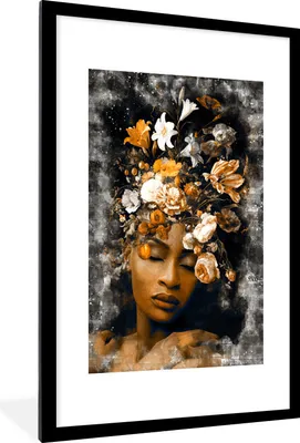 Produktbild von MuchoWow® MuchoWow® Gerahmtes Poster Frauen - Gold - Blumen 60x90 cm - Poster mit zchwarzem Bilderrahmen - Dekoration - Wandposter Wohnzimmer - Hochwertig