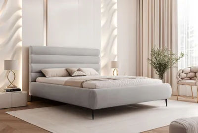 Zdjęcie produktu dla BESILIO Stylowe łóżko z pojemnikiem 140x200 Marbella II- łóżko tapicerowane na wysokich nogach, stelaż drewniany - Jasnoszare