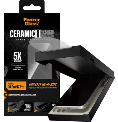 Produktbild von PanzerGlass ® Ceramic Displayschutz iPhone 18 Pro | 17 Pro Ultra-Wide Fit m. FASTFIT IN-A-BOX, Apple - iPhone 18 Pro, Apple - iPhone 17 Pro, Trockene Anwendung, Kratzresistent, Schockresistent, Transparent, 1 Stück(e)