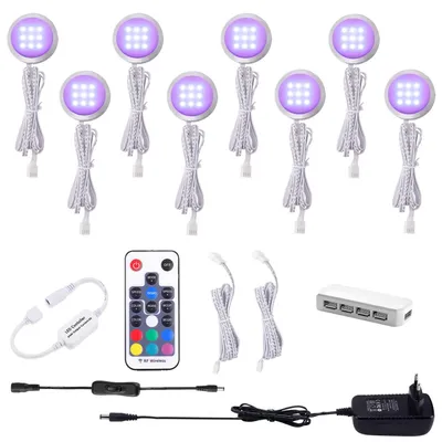 Imagen del producto de Iluminación LED RGB para armarios, juego de 8 piezas, 12 V, foco LED para debajo de los armarios con control remoto