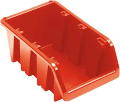 A red storage bin is shown against a white background.
