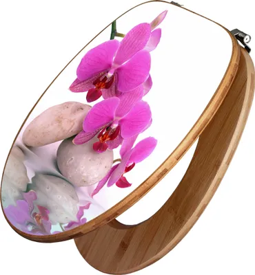 A toilet seat with a decorative image of pink orchids and stones.