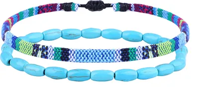 Produktbild von 2er Set Surfer-Armband Herren & Damen - 100% Wasserfest & Handmade - Perlen-Armband Boho Stoff-Armband - Hippie Sommer Strand-Schmuck - Freundschaftsarmbänder für Ihn & Sie (Türkis & Perlen Türkis)