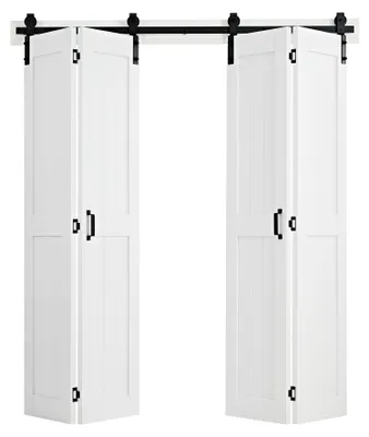 Immagine prodotto di SucceBuy Porta scorrevole a libro in stile porta da fienile 1829x2134 mm in MDF, con set di ferramenta e design a telaio a H salvaspazio, pannelli preassemblati, porta scorrevole a libro per camera da letto e soggiorno, bianca