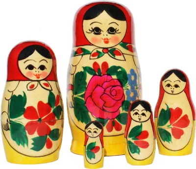 Produktbild von Matroschka Puppen Babuschka  Rotes Tuch Set aus 5 Holzfiguren 11cm hoch
