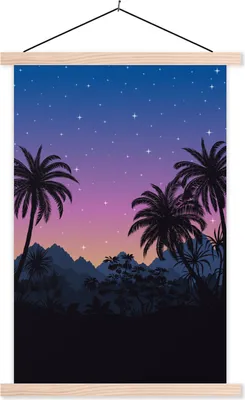 Produktbild von MuchoWow® Textilposter Palme - Berg - Nacht 120x180 cm mit holzfarbenen Rahmen - Textil-Plakat