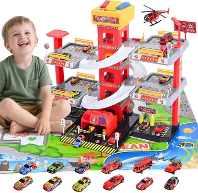 Produktbild von Feuerwehr Spielset - Parkgarage mit 5 Ebenen - Rennstrecke mit Rampen und Aufzug - 69-teiliges Parkhaus für Kinder - Beige