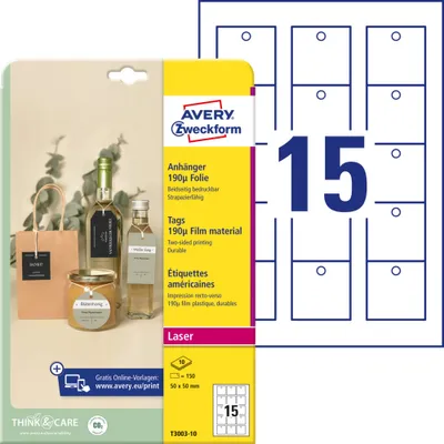 Produktbild von Avery Zweckform T3003-10 Anhänger, 50 x 50 mm, beidseitig beschichtet, 150 Stück / 10 Bogen