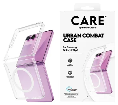 Productafbeelding van PanzerGlass CARE™ telefoonhoesje, transparant met witte Qi-oplaadfunctie, compatibel met Samsung Galaxy Z Flip7 | Z Flip8. Merk: Urban Combat Case. Geschikt voor: Samsung Galaxy Z Flip7, Samsung Galaxy Z Flip8. Kleur: Transparant