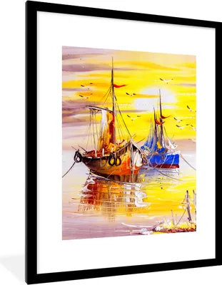 Produktbild von MuchoWow® Gerahmtes Poster Malerei - Boot - Wasser - Ölfarbe 60x80 cm - Poster mit Schwarzem Bilderrahmen Wandposter Rahmen Foto Bilder - Wohnzimmer - Dekorationen - Prämie