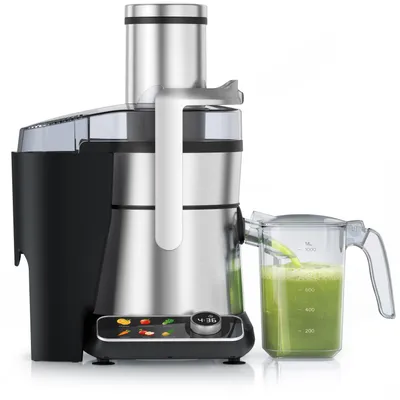 Produktbild von Arendo Entsafter für Obst Gemüse, Zentrifugenentsafter elektrisch, Edelstahl Design, digital, 1000 W, 85mm XXL-Einfüllschacht, 6 Programme, Display, Tropfstopp, Farbsymbole, BPA-frei