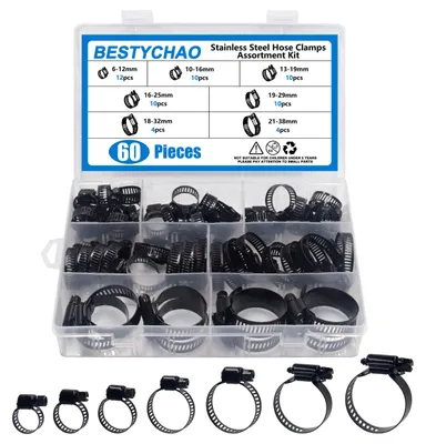Schlauchschellen-Set 60-tlg., Edelstahl, 6-38 mm, schwarz