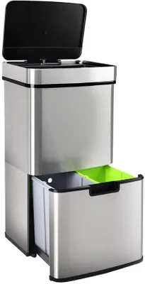 Obrázok produktu pre Automatický trojkomorový odpadkový kôš so senzorom, systémom triedenia odpadu, tichým zatváraním, upínacím krúžkom na vrecia na kovový odpad, objem 62 litrov.