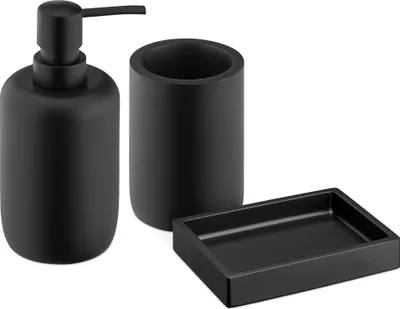 Produktbild von Navaris Badezimmer Set Schwarz 3-teilig - Seifenspender und Zahnputzbecher Set mit Seifenschale - Dekoratives Badzubehör - Bad Accessoires aus