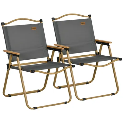 Produktbild von Outsunny Campingstuhl 2er Set faltbarer Gartenstuhl mit Stahlrahmen, Holzoptik, Klappsessel für Pool, Strand, Oxford, Dunkelgrau