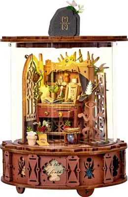 Obrázek produktu pro Sada knižního koutku, miniaturní domeček pro panenky, DIY miniaturní domeček s LED světlem, nábytek, 3D puzzle a stojan na knihy, dekorace na knihovnu, vánoční dárek k narozeninám, hudební skříňka