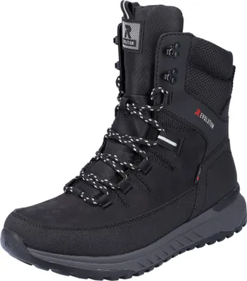 A studio shot of a black winter boot.