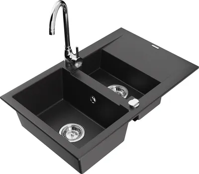 Produktbild von Mexen Gaspar 1,5-Becken-Granitspüle mit Abtropffläche und Mischbatterie Telma, Schwarz - 6507-77-670200-00