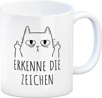 Produktbild von Katze mit Mittelfinger Kaffeebecher mit Spruch Erkenne die Zeichen