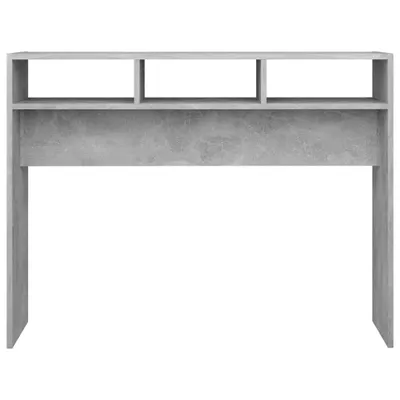 A console table with three open shelves on top, shown against a white background.