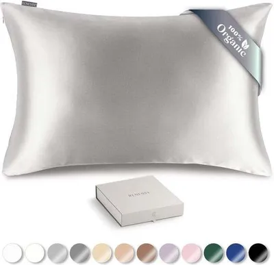 Zdjęcie produktu dla Poszewka na poduszkę Unyqoos® z jedwabiu morwowego, 40x60 cm – 100% jedwab morwowy, 22 momme, tkanina satynowa, hipoalergiczna, wspomaga zdrowie skóry i włosów, 1 sztuka, jasnoszara