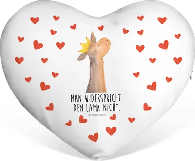 Produktbild von Mr. & Mrs. Panda Sofakissen Lamakopf König - Weiß - Geschenk, dekoartikel, Dekokissen, Herz Kissen, Abitur, Lama, Hochzeitskissen, Freundin, Lamas, Kuschelkissen, Mama