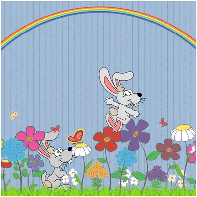 Produktbild von Wallario Premium Glasbild, freischwebende Optik, kräftige Farben, Größe 50 x 50 cm Motiv Süße Hasen unter einem Regenbogen